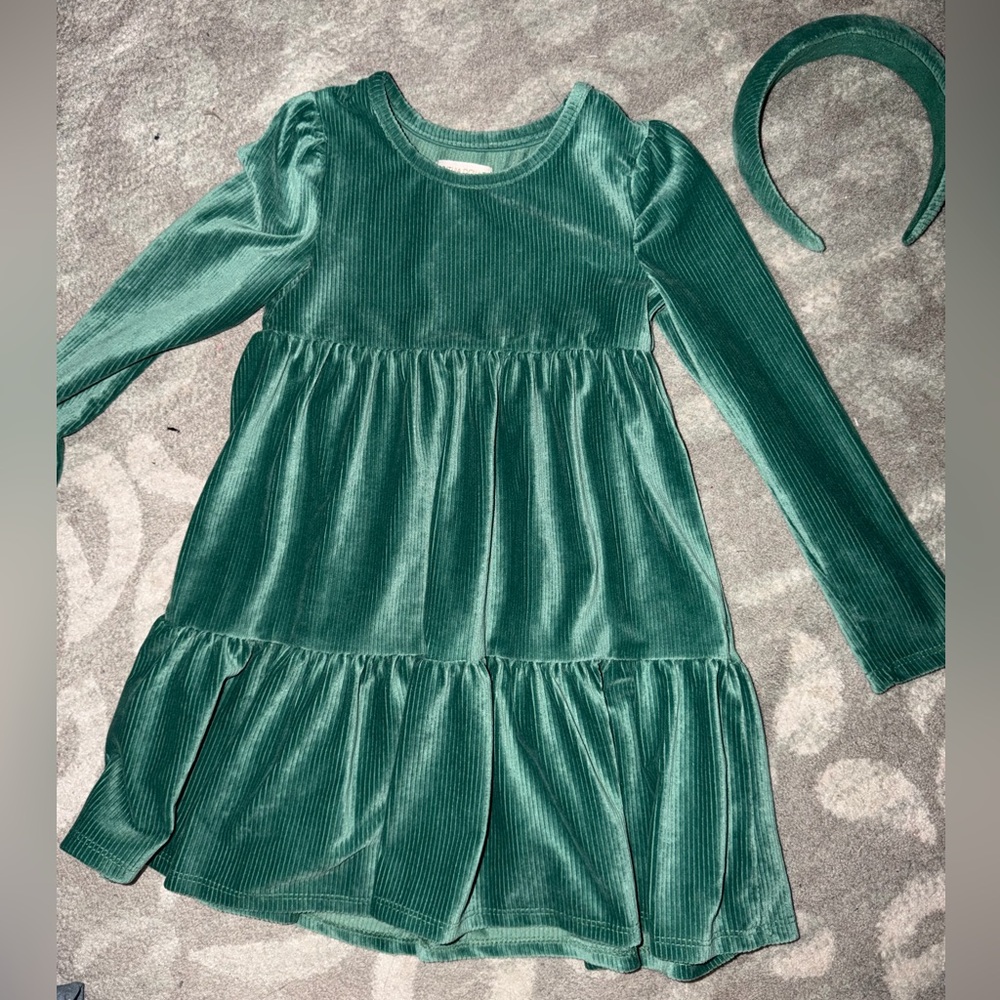 Girls Green Velvet Dress with Matching Headband